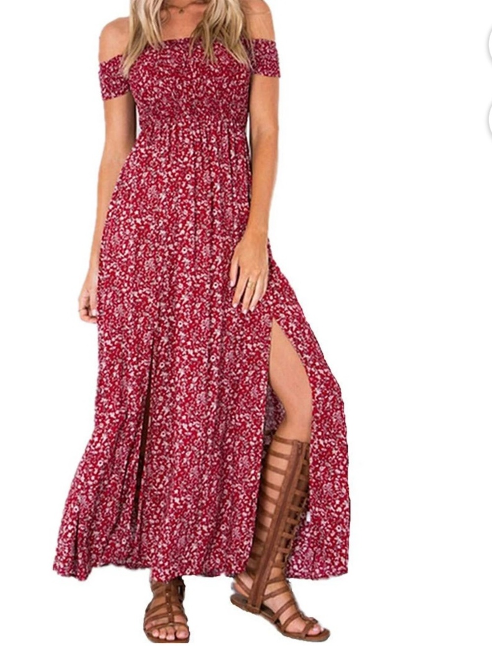 Red Floral Boho Smocked Maxi Dress with 2 Leg Slits, 1XL